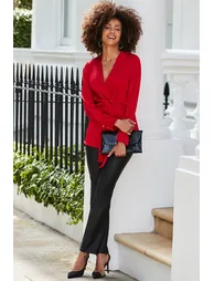 Red Satin Pleated Wrap Top