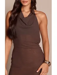 Chocolate Sheer Rib Drape Mini Dress - 3
