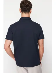 Navy Blue Regular/Normal Cut Embroidered Textured Polo Collar T-Shirt - 2