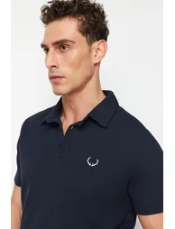 Navy Blue Regular/Normal Cut Embroidered Textured Polo Collar T-Shirt - 3