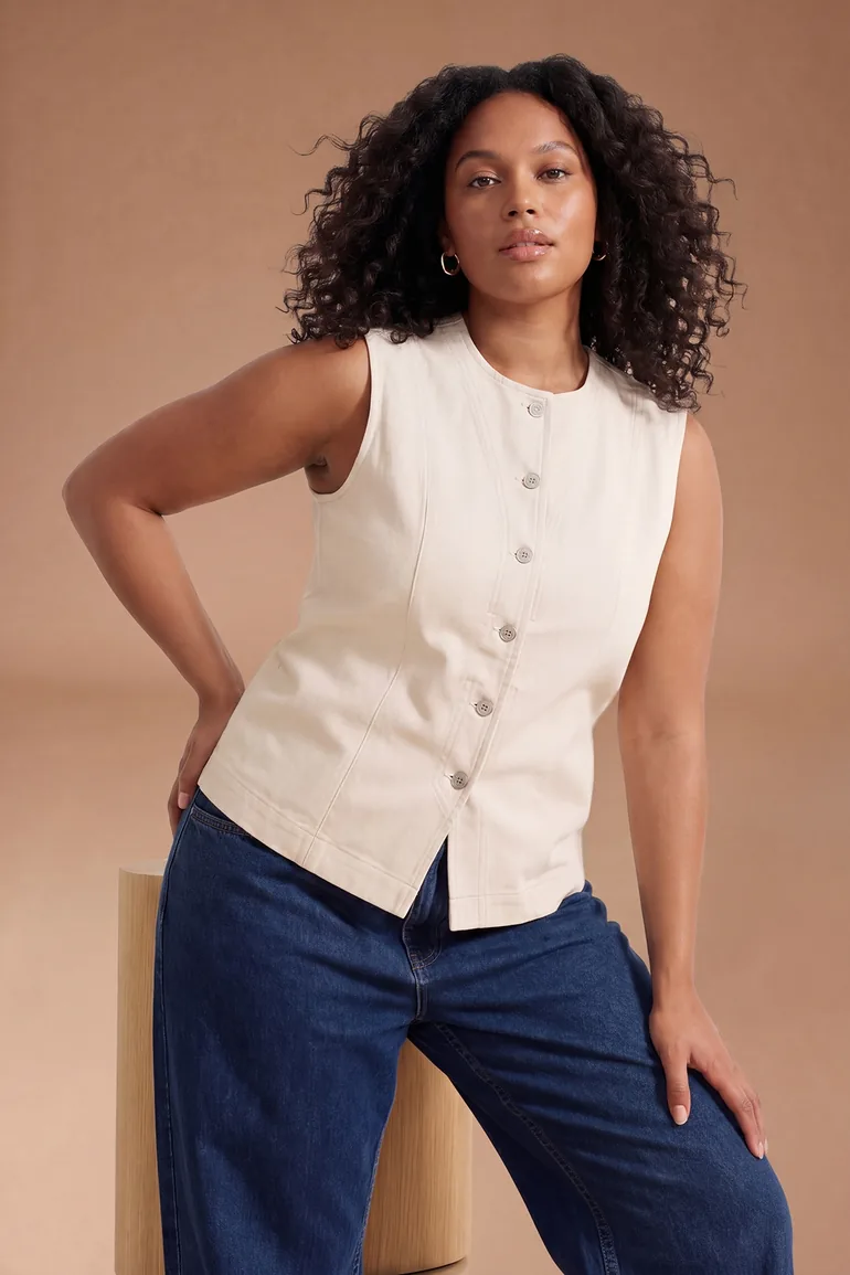 Ecru Bodycon/Fitted Large 100% Cotton Non-Stretch Plus Size Denim Vest - 6