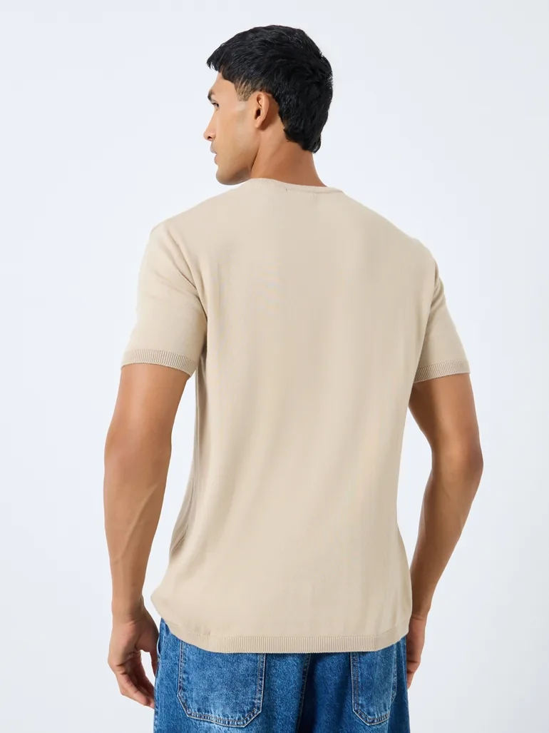 Men Beige Flat Knit Boxy Fit T-Shirt - 3
