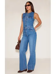 Tall Mid Blue Wash Sleeveless Shirt Style Denim Jumpsuit - 2