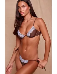 Chocolate Contrast Lace Trim Tie Side Bikini Bottoms - 1