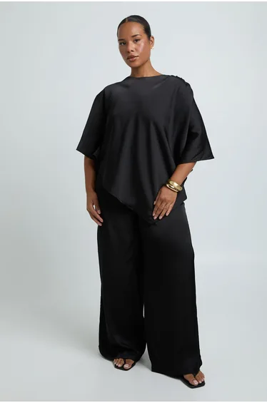 Plus Satin Elasticated Back Waist Wide Leg Trouser - black