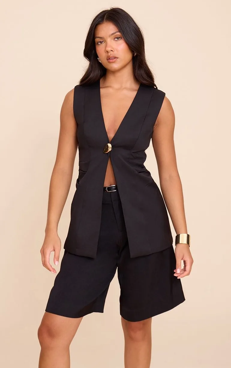 Black Hardware Collarless Waistcoat - 5