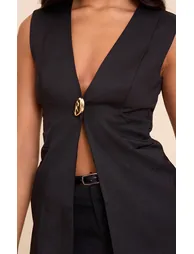 Black Hardware Collarless Waistcoat - 3
