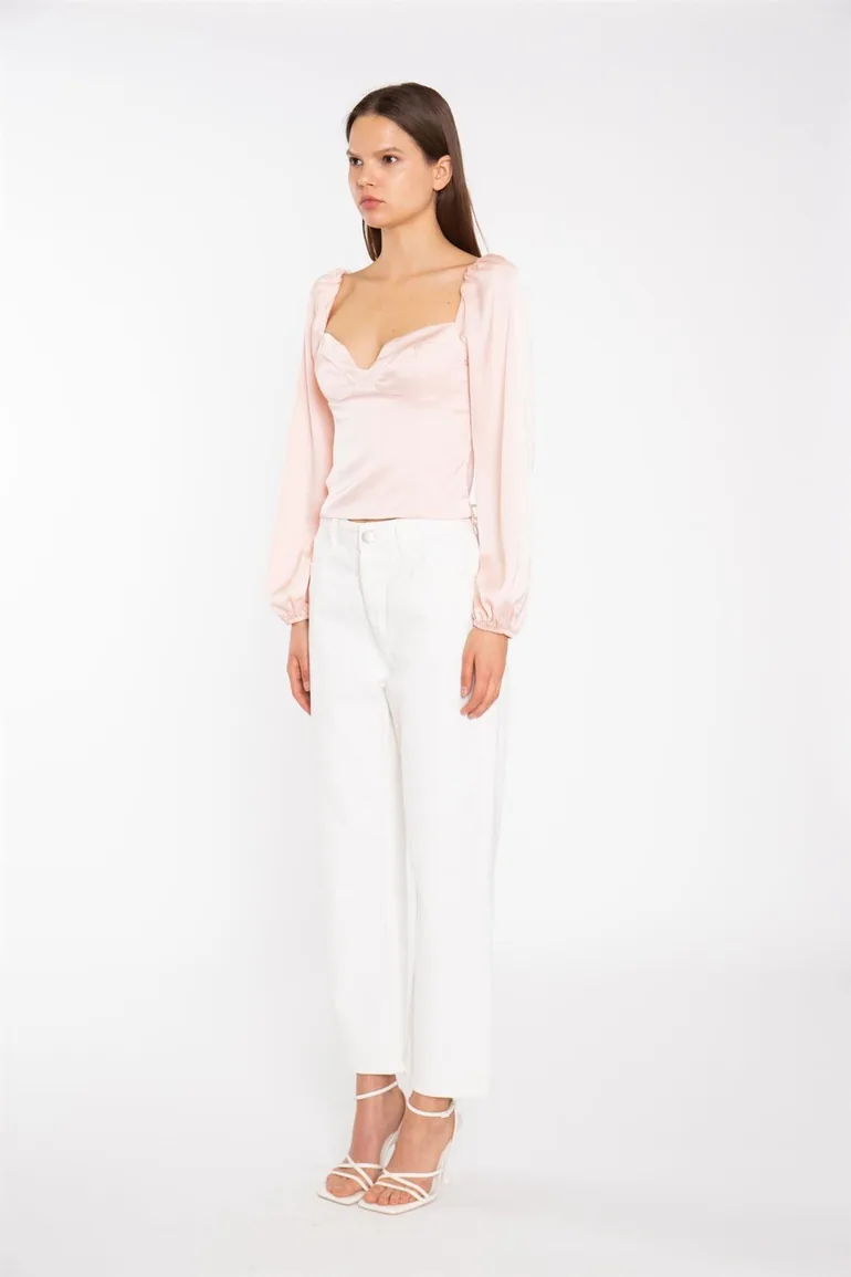 Nude Peach Long-Sleeve Bust Seam Top - 3