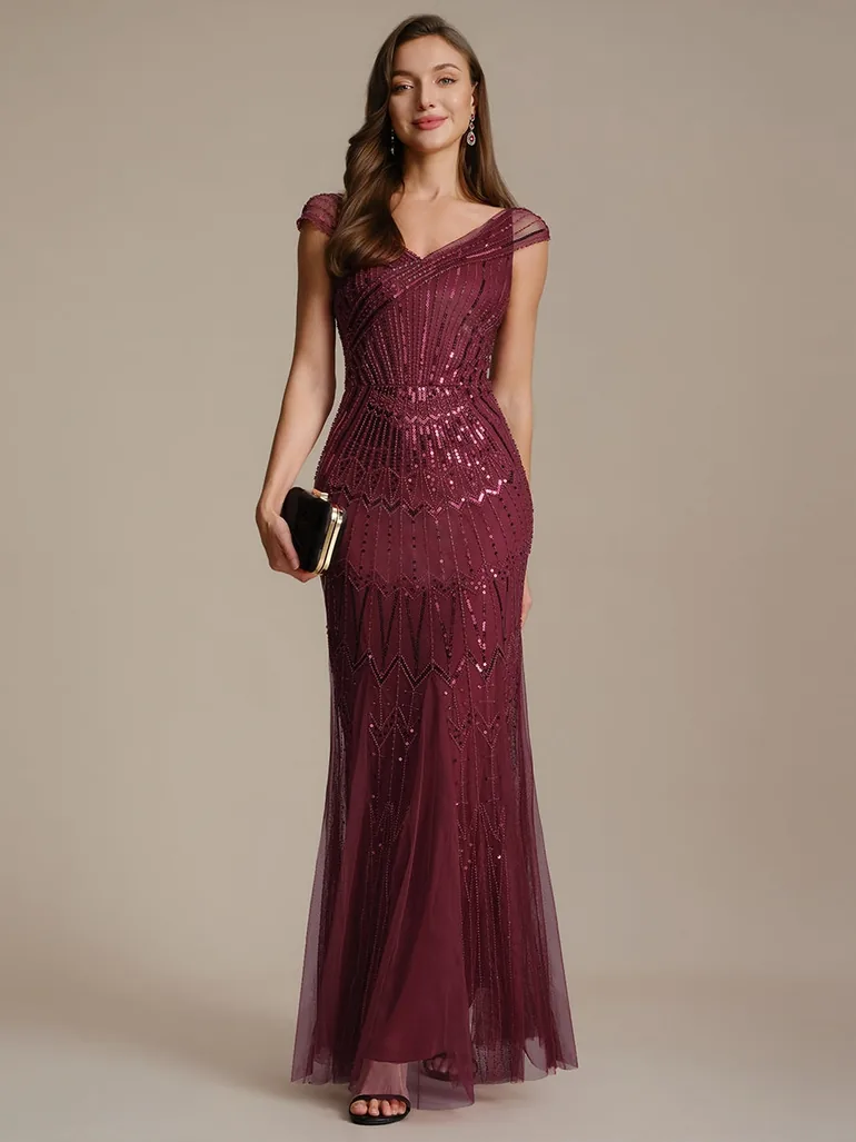 Short Sleeves Off Shoulder Fishtail Embroidered Evening Dresses - 3