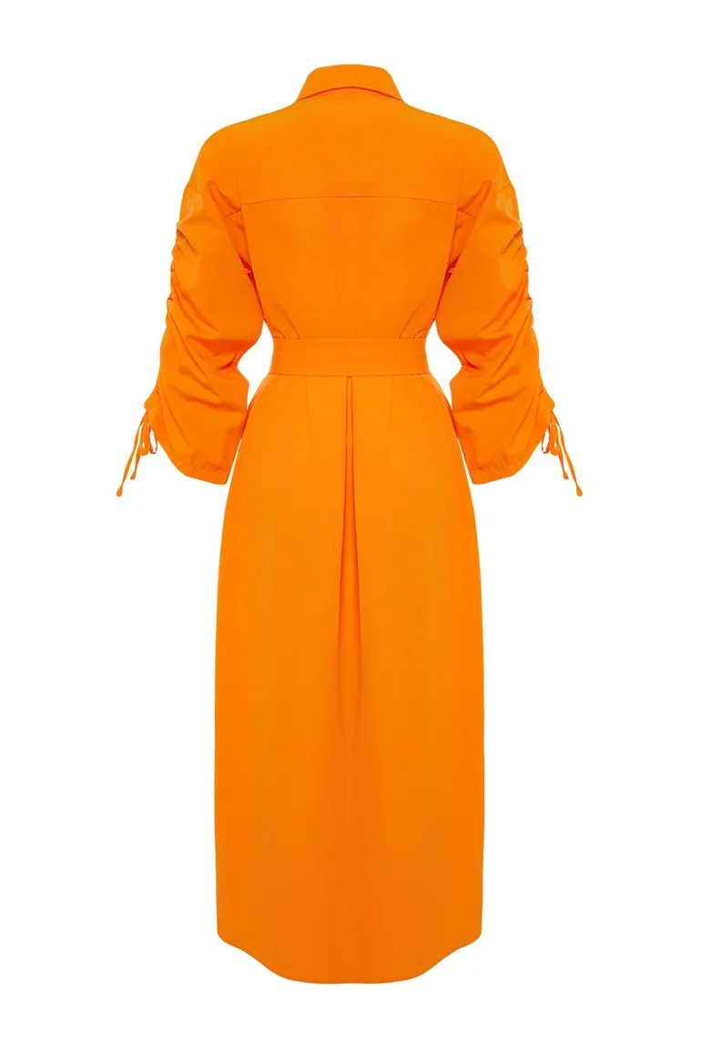 Orange Belted Cotton Woven Shirt Dress with Adjustable Sleeves - 6
