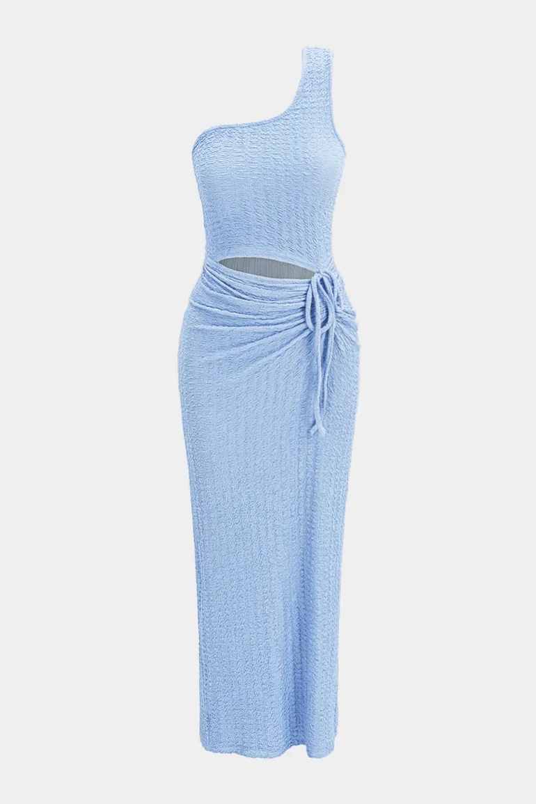One Shoulder Asymmetrical Drawstring Cut Out Slit Midi Dress - 1