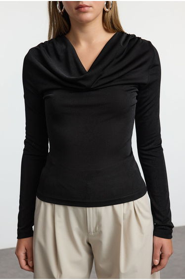 Black Cowl Neck Body-Smoothing Flexible Long Sleeve Buzzy Knitted Blouse product thumbnail 3