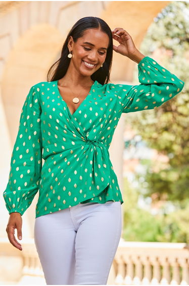 Green Metallic Fleck Print Blouson Sleeve Knot Front Top product thumbnail 3