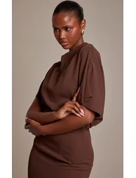 Chocolate Chiffon Cap Sleeve Boat Neck Maxi Dress - 3