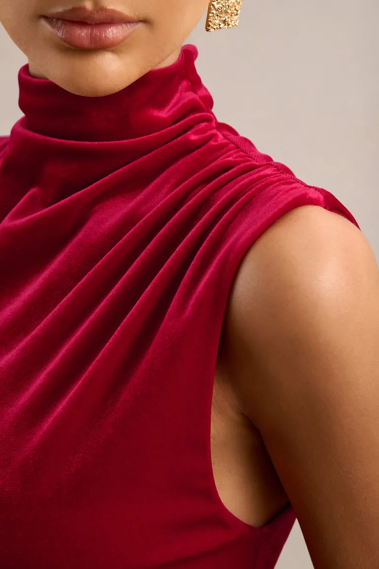Red Velvet High Neck Maxi Dress With Gathered Detailing And Split - 5