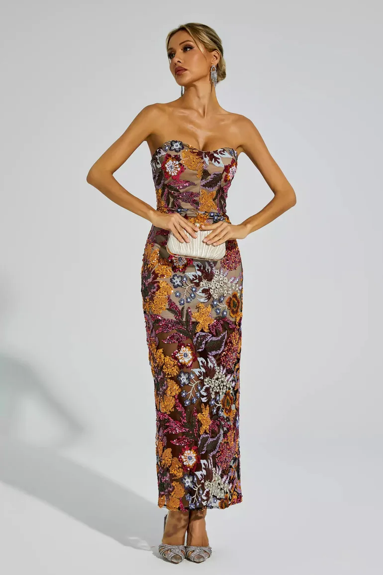 Leanna Red Flower Embroidered Maxi Dress - 4
