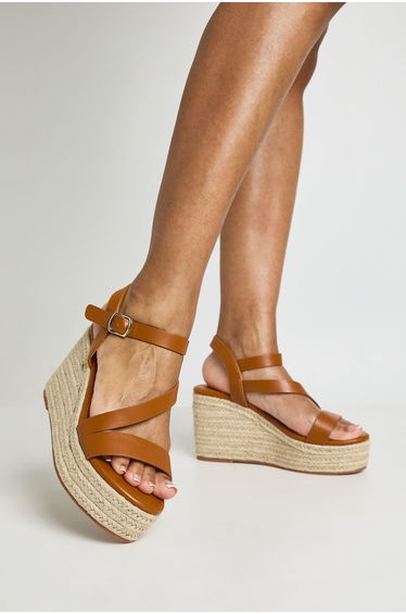 Asymmetric Espadrille Wedges - tan