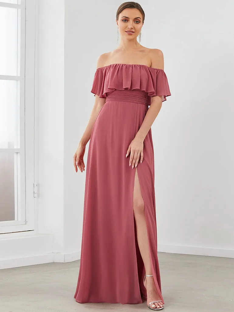 ever ÉMILE|Plus Size Off the Shoulder Formal Bridesmaid Dress with Thigh Split