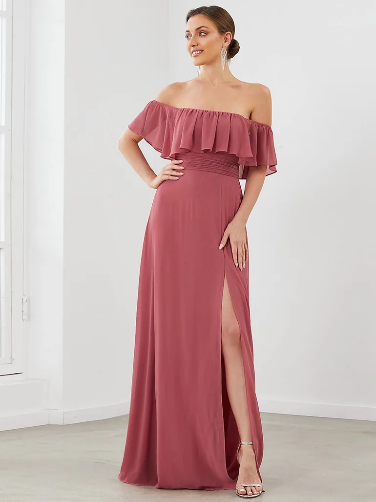 ever ÉMILE|Plus Size Off the Shoulder Formal Bridesmaid Dress with Thigh Split - 3