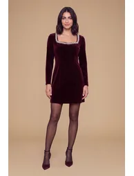 Petite Velvet Embellished Neckline Structured Mini Dress