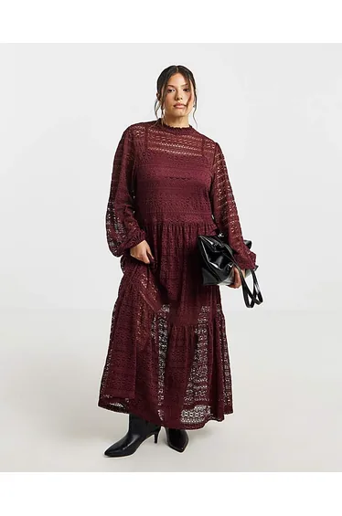 Burgundy Tiered Lace Maxi Dress