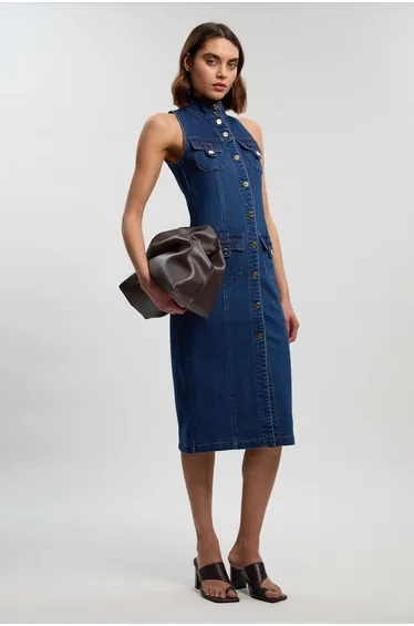 Petite Denim Sleeveless Midi Button Detail Midi Dress