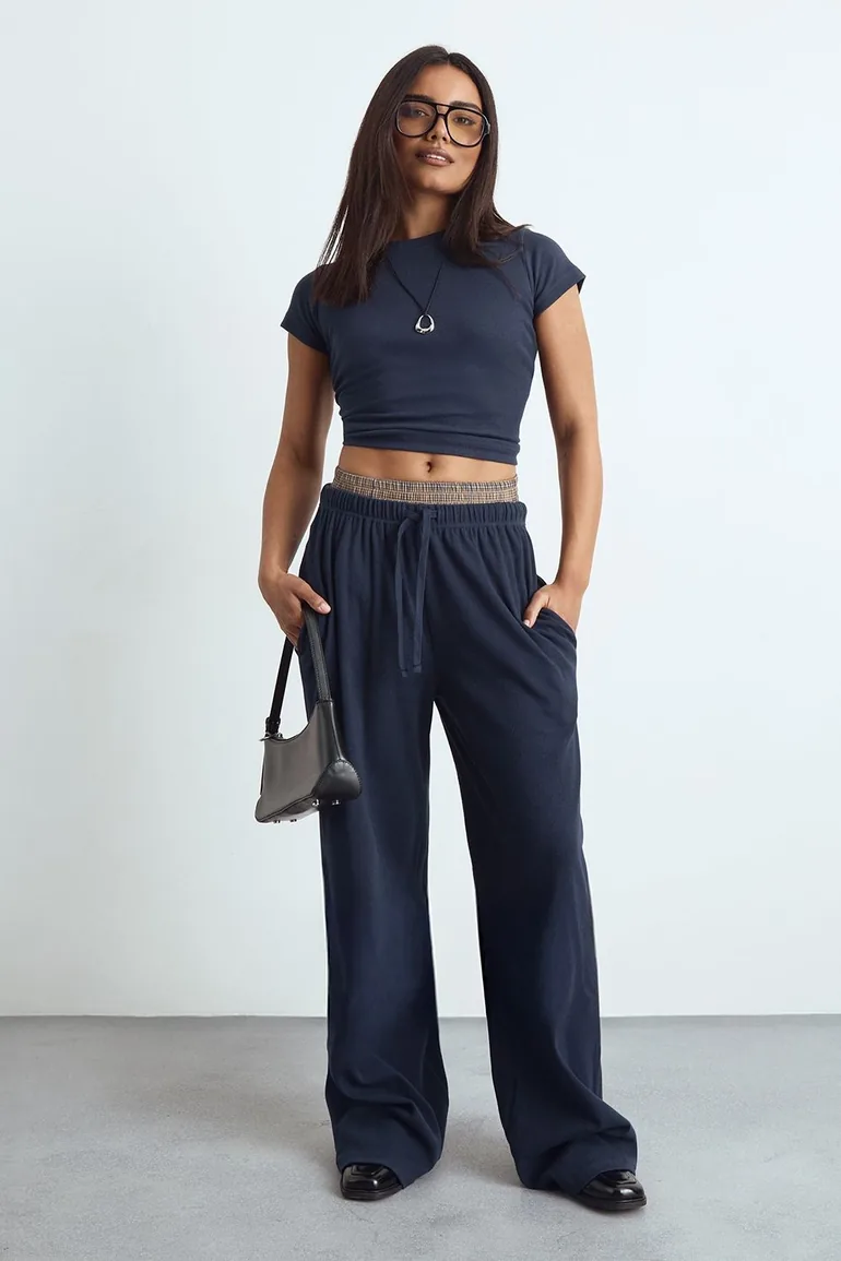 Rib Wide Leg Trouser - navy
