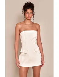 Ecru Strapless Structured A Line Denim Mini Dress