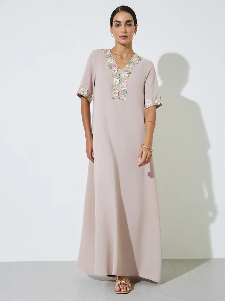 Beige Floral Lace Trim V Neck Jalabiya