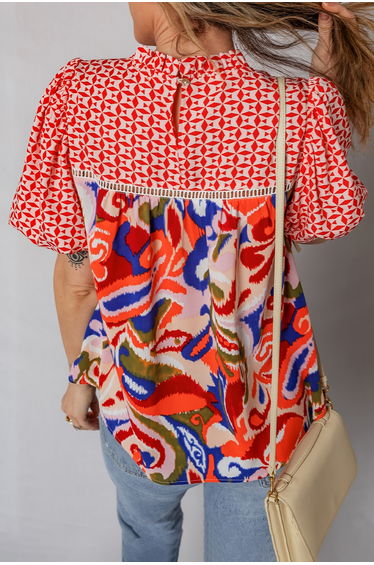 Lvness Red Paisley Geometric Mixed Print Patchwork Puff Sleeve Blouse Top product thumbnail 4