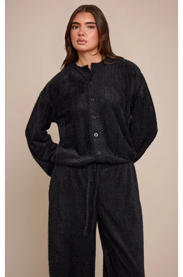 Black Textured Button Up Long Sleeve Cardigan