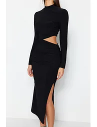 Black Window / Cut Out Detailed Elegant Evening Dress - 3
