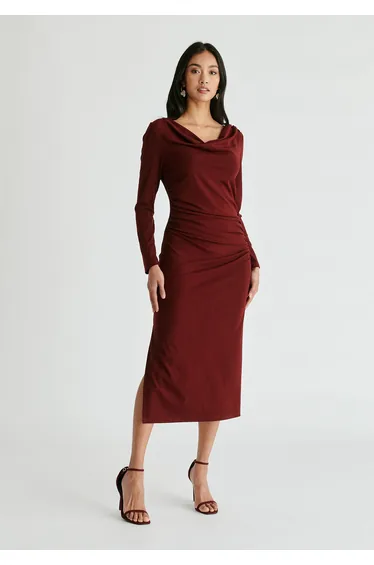 Ruched Jersey Dress with Draped Neck