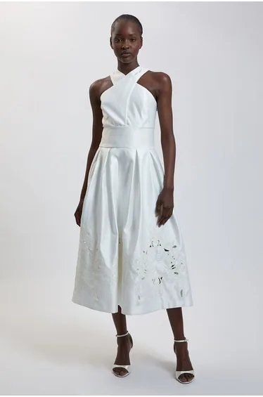 Tailored Satin Cutwork Halter Midi Dress