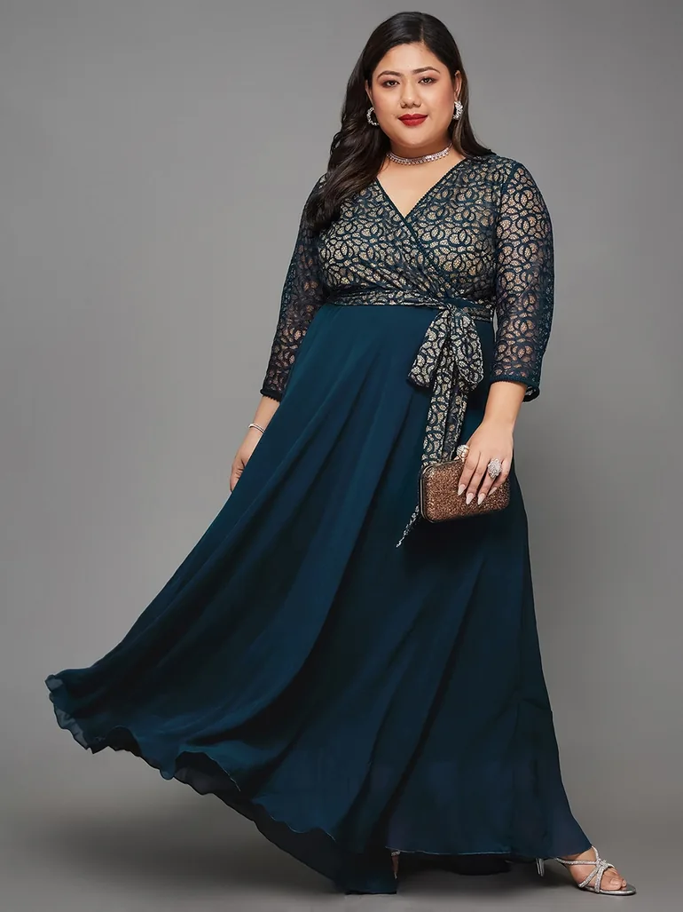 Plus Size Lace Insert Maxi Dress with Tie-Belt - 5
