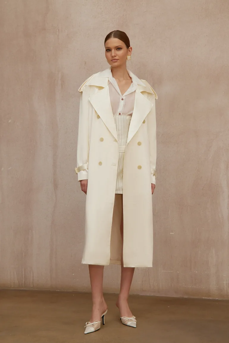 Amélie Cream White Satin Long Trench Coat - 6