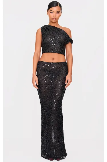 Black Sequin Textured Mid Rise Maxi Skirt