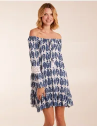 Leaf Print Elasticated Bardot Neck Tunic Dress - 3