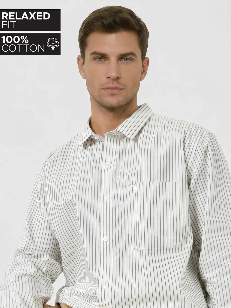 Men White Relaxed Fit Cotton Striped Shirt - 1