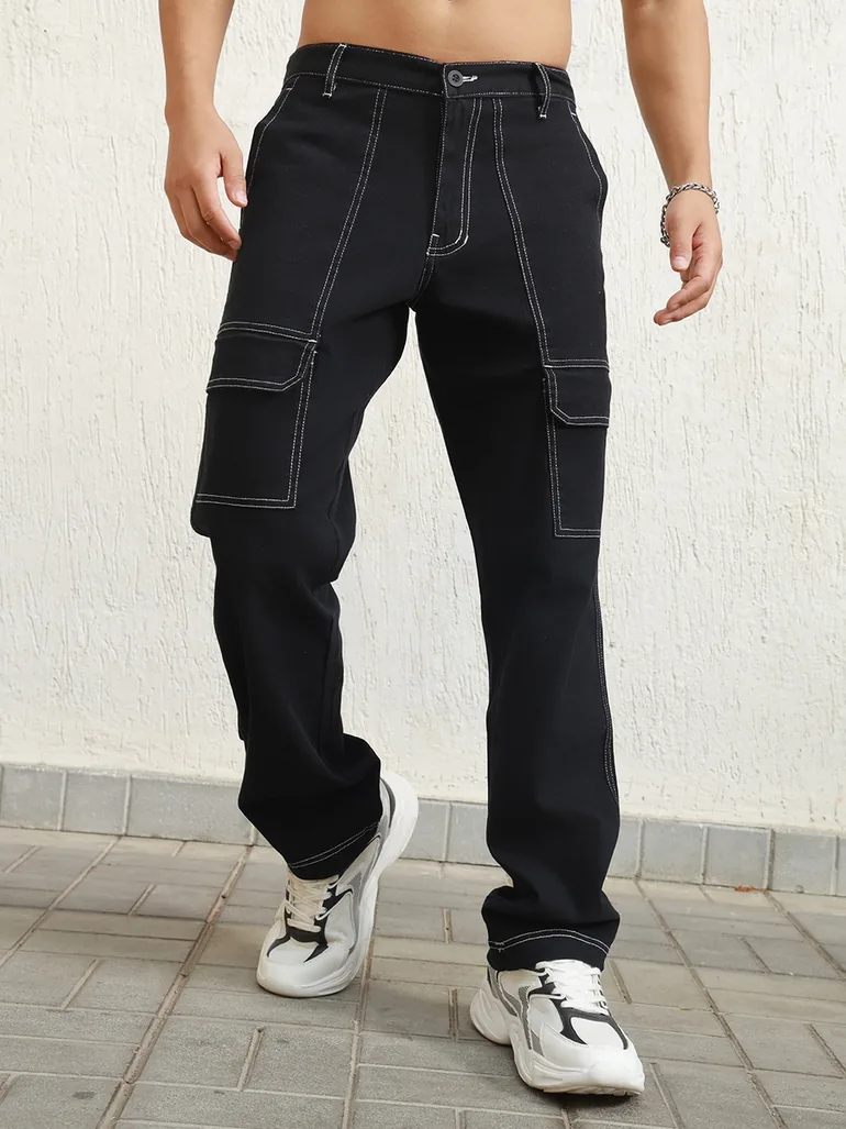 Relaxed Fit Cargo Pants with Contrast Stitch Detail - 1