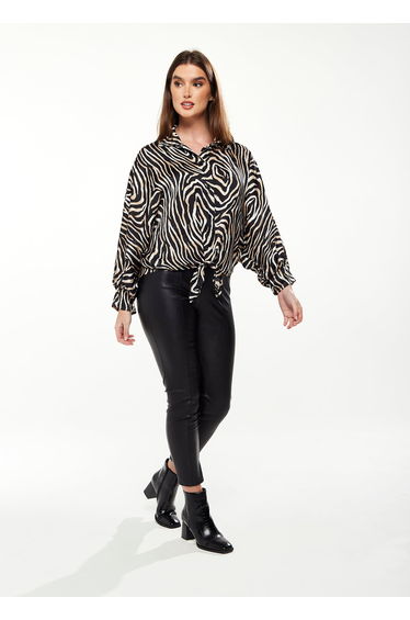 Women's Graceful Zebra Print Blouse with Front Waist Tie
