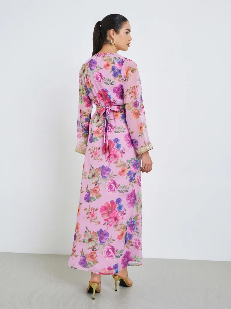 Women Pink Floral Lace Insert Kaftan - 4