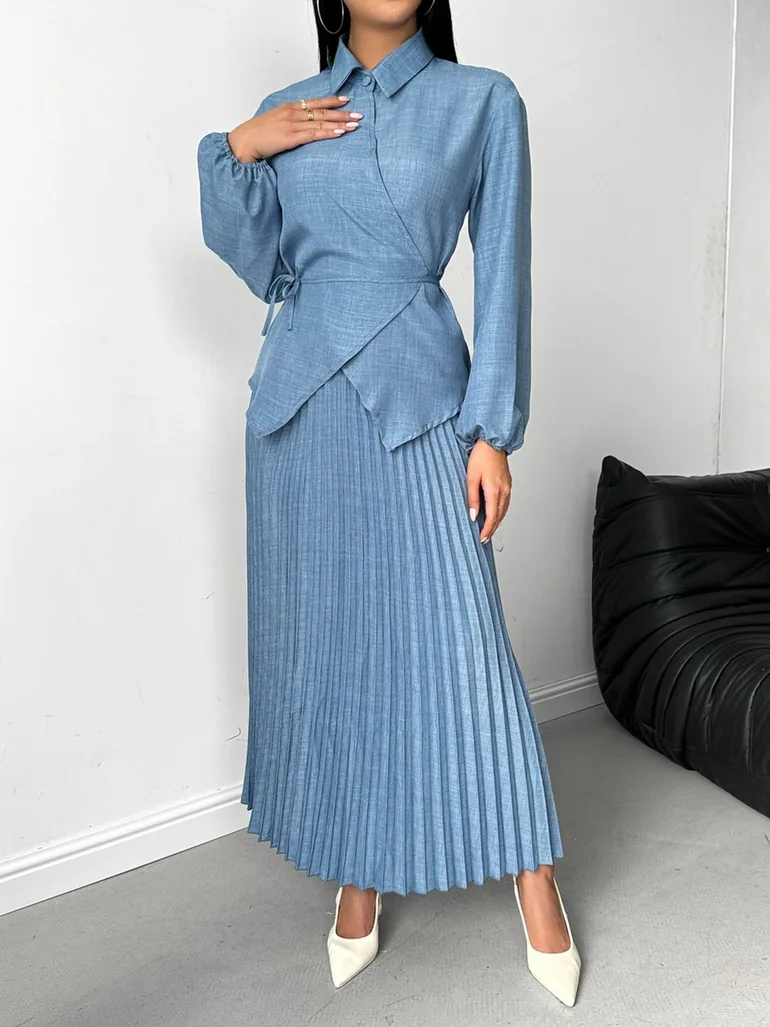 Solid Wrap Top and Pleated Skirt Co-Ords - 2