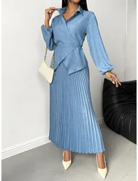 Solid Wrap Top and Pleated Skirt Co-Ords - 4