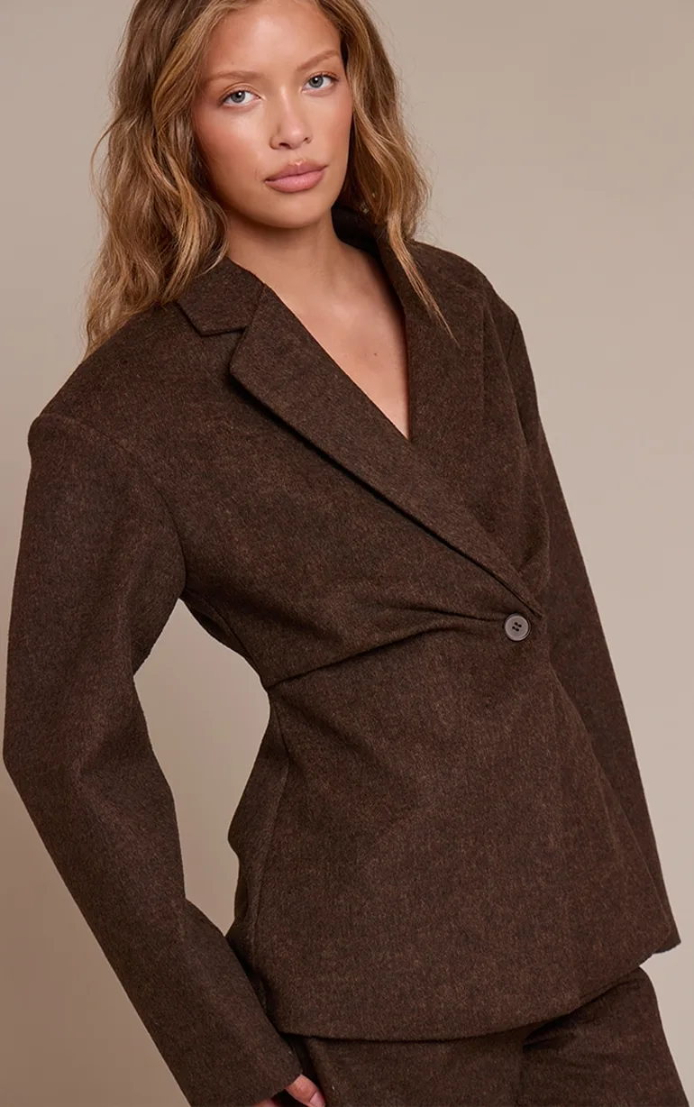 Dark Brown Brushed Pinstripe Cinched Waist Blazer - 1