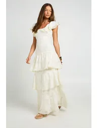 Occasion Burnout Open Back Ruffle Detail Maxi Dress - cream - 2