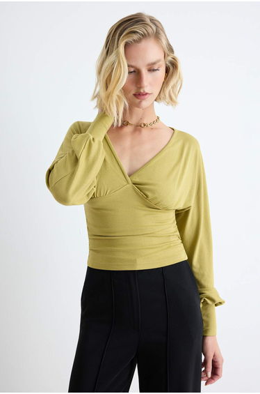 Oil Green Straight Fitted V-Neck Balloon Sleeve Waist Fitted Soft Knitted Blouse product thumbnail 2