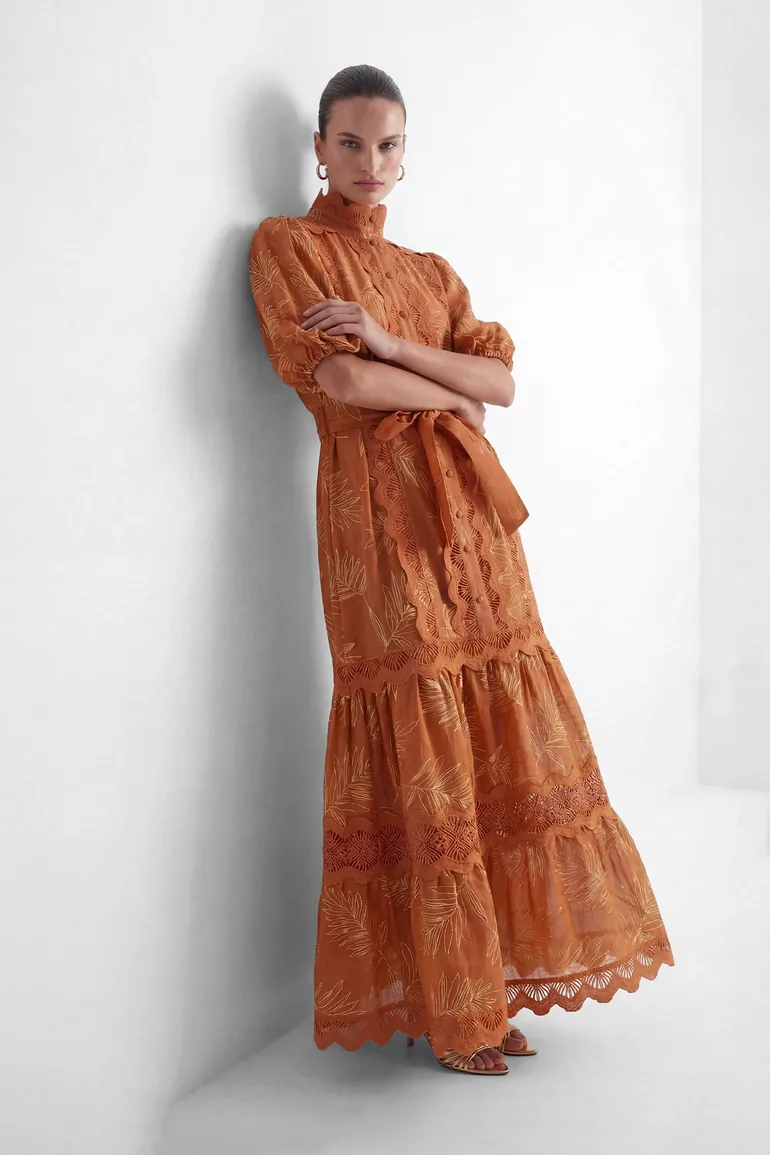 Secret Rendezvous Brown Leaf Embroidered Tiered Maxi Dress - 4