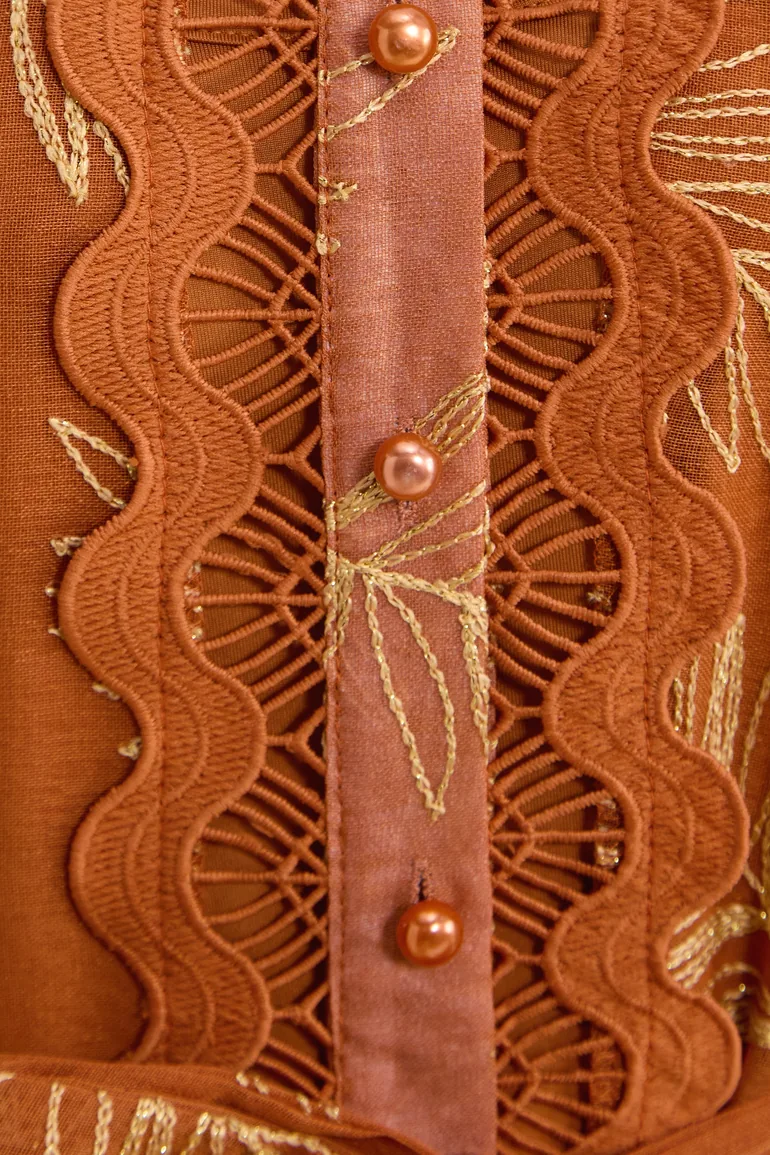Secret Rendezvous Brown Leaf Embroidered Tiered Maxi Dress - 8