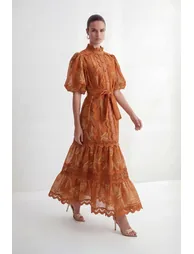 Secret Rendezvous Brown Leaf Embroidered Tiered Maxi Dress